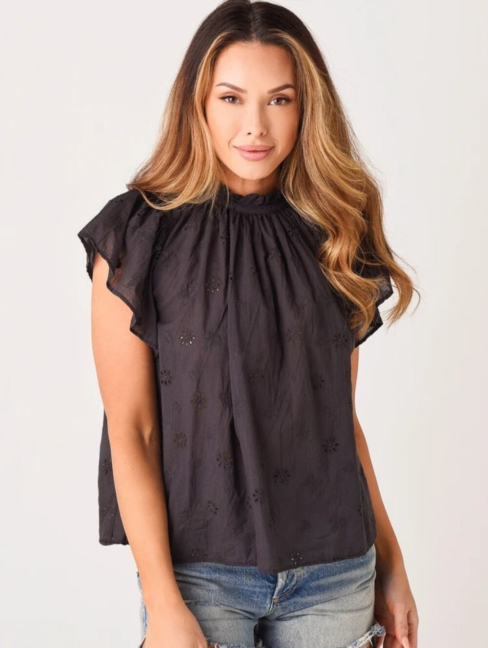 Birds Of Paradise Trovata Carla Highneck Shirt Blouse Eyelet Black Size Medium